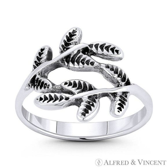 Olive Branch & Leaf Charm Stackable Bypass Ring in .925 Sterling Silver - Size 5 - Picture 1 of 1
